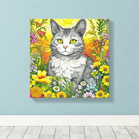 Whimsical Kat en Bloemen Canvas Afdruk (Insitu (Houten vloer))