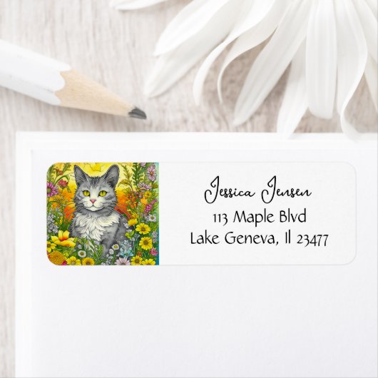 Whimsical Kat en Bloemen Etiket (Insitu)