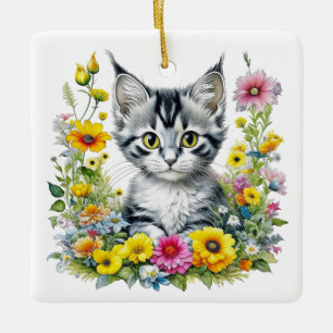 Whimsical Kat en Bloemen Gepersonaliseerde Kerstmi Keramisch Ornament