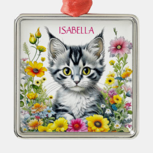Whimsical Kat en Bloemen Gepersonaliseerde Kerstmi Metalen Ornament