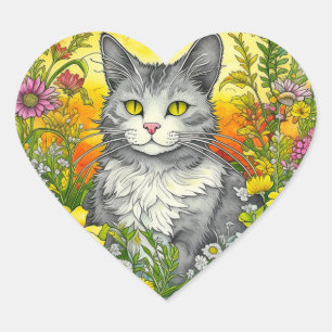 Whimsical Kat en Bloemen Hart Sticker