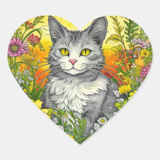 Whimsical Kat en Bloemen Hart Sticker (Voorkant)
