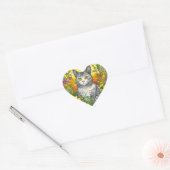 Whimsical Kat en Bloemen Hart Sticker (Envelop)