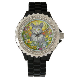 Whimsical Kat en Bloemen Horloge