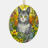 Whimsical Kat en Bloemen Keramisch Ornament (Rechts)