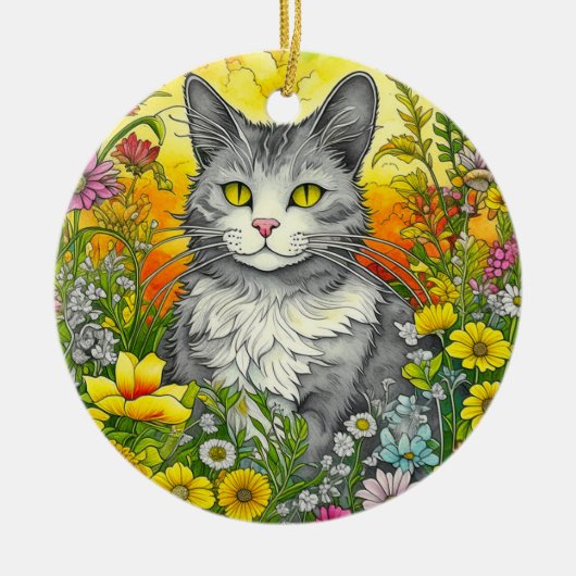Whimsical Kat en Bloemen Keramisch Ornament (Voorkant)