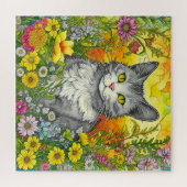 Whimsical Kat en Bloemen Legpuzzel (Horizontaal)