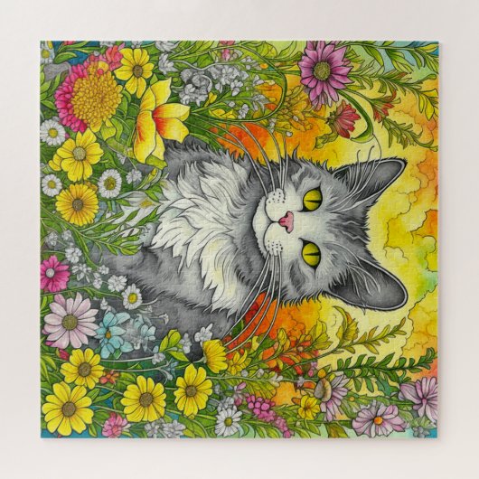 Whimsical Kat en Bloemen Legpuzzel (Horizontaal)