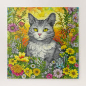 Whimsical Kat en Bloemen Legpuzzel (Verticaal)