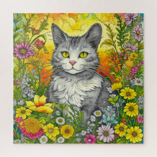 Whimsical Kat en Bloemen Legpuzzel