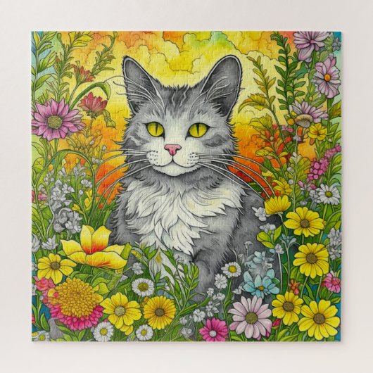 Whimsical Kat en Bloemen Legpuzzel (Verticaal)