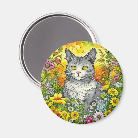 Whimsical Kat en Bloemen Magneet (Voorkant / Achterkant)