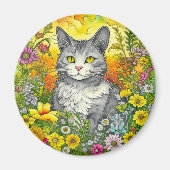 Whimsical Kat en Bloemen Magneet (Voorkant)