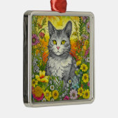 Whimsical Kat en Bloemen Metalen Ornament (Rechts)