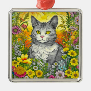 Whimsical Kat en Bloemen Metalen Ornament