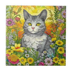 Whimsical Kat en Bloemen Tegeltje