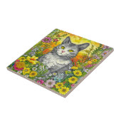 Whimsical Kat en Bloemen Tegeltje (Zijkant)