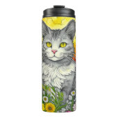 Whimsical Kat en Bloemen Thermosbeker (Voorkant)