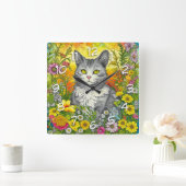 Whimsical Kat en Bloemen Vierkante Klok (Huis)