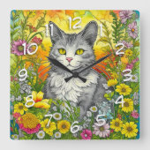 Whimsical Kat en Bloemen Vierkante Klok (Voorkant)