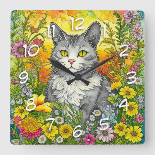 Whimsical Kat en Bloemen Vierkante Klok (Voorkant)