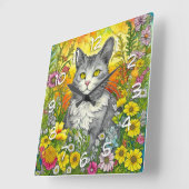 Whimsical Kat en Bloemen Vierkante Klok (Hoek)