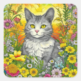 Whimsical Kat en Bloemen Vierkante Sticker