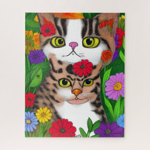 Whimsical Kat en Kitten Folk Art Kleurrijk Legpuzzel