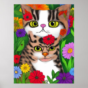 Whimsical Kat en Kitten Volkskunst Kleurrijk  Poster
