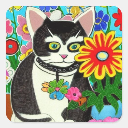 Whimsical Kat met Bloem Folk Art Vierkante Sticker (Voorkant)