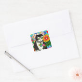 Whimsical Kat met Bloem Folk Art Vierkante Sticker (Envelop)