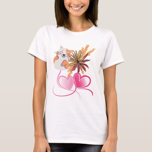 Whimsical Kat Moeder Roze Harten & Wilde Bloem Flo T-shirt (Voorkant)