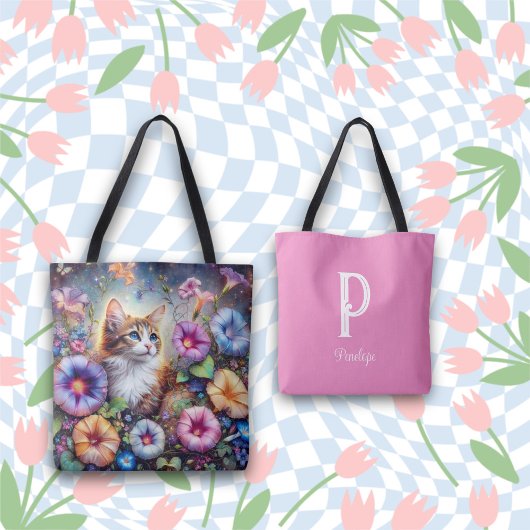 Whimsical Kat Mooie Bloemen Monogram Naam Tote Bag