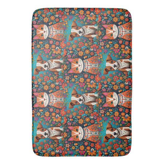 Whimsical Katten en Hond met Folk Art Bloemen Badmat (Voorkant Verticaal)