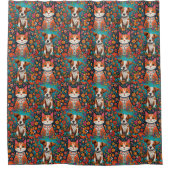 Whimsical Katten en Hond met Folk Art Bloemen Douchegordijn (Voorkant)