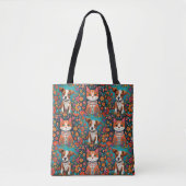 Whimsical Katten en Hond met Folk Art Bloemen Tote Bag (Voorkant)