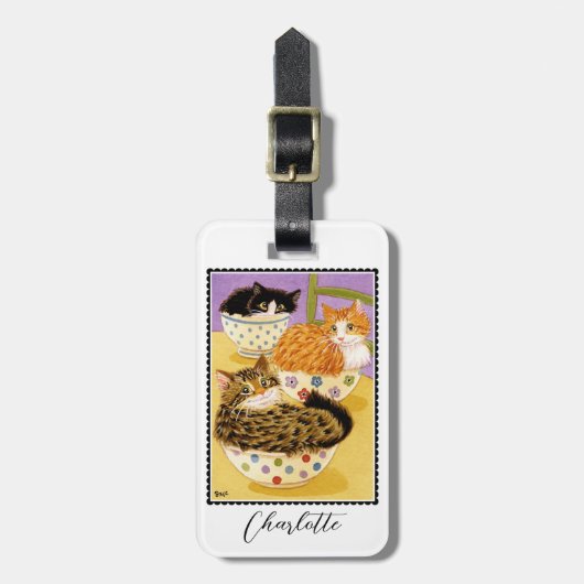 Whimsical Katten in Kommen Aangepaste Naam Bagagelabel (Voorkant verticaal)