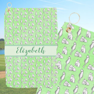Whimsical katten op groen met aangepaste naam voor golfhanddoek