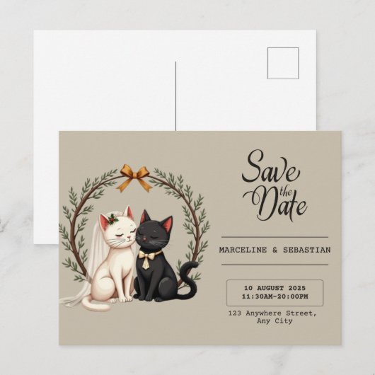 Whimsical Kattenbruiloft Save the Date Briefkaart (Voorkant / Achterkant)