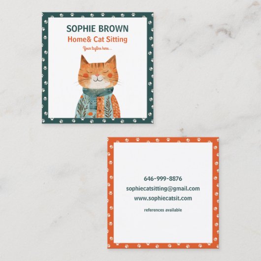 Whimsical kattenpootpatroon Huis & kat Zitten Vierkante Visitekaartje (Voorkant / Achterkant)