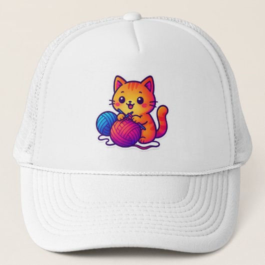 Whimsical Kawaii Cat Breien Scene met Oversized Trucker Pet (Voorkant)