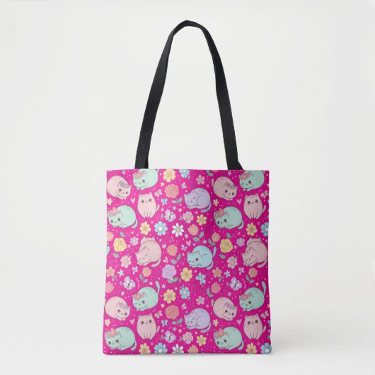 Whimsical Kawaii Pastel Cat and Floral Seamless  Tote Bag (Voorkant)
