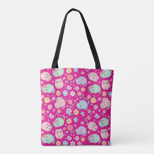 Whimsical Kawaii Pastel Cat and Floral Seamless  Tote Bag (Achterkant)