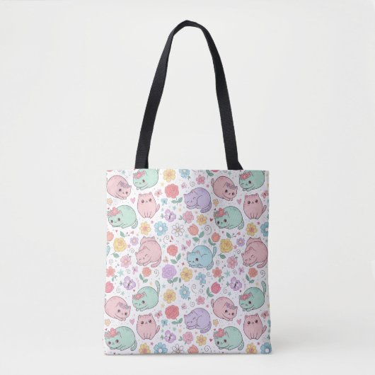 Whimsical Kawaii Pastel Cat and Floral Seamless Tote Bag (Voorkant)