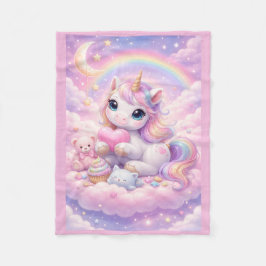 Whimsical Kawaii Pastel Unicorn & Friends On Cloud Fleece Deken
