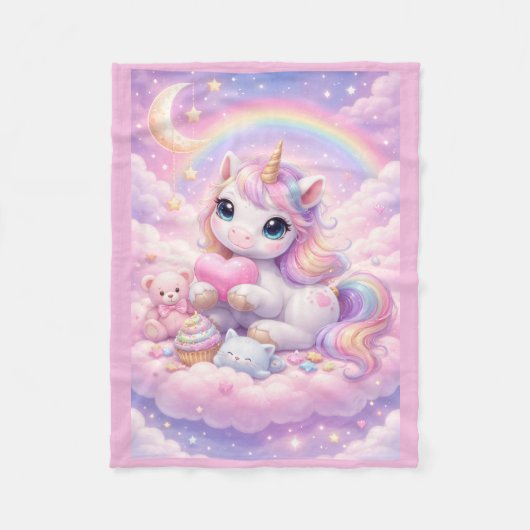 Whimsical Kawaii Pastel Unicorn & Friends On Cloud Fleece Deken (Voorkant)