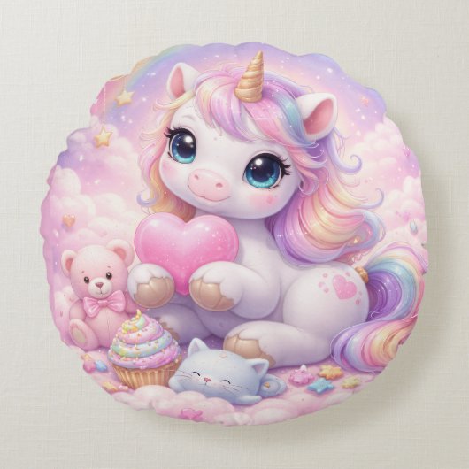 Whimsical Kawaii Unicorn & Friends Pastel Cloud Rond Kussen (Voorkant)