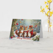 Whimsical Kerst Eekhoorns Plezier Kaart (Gele Bloem)