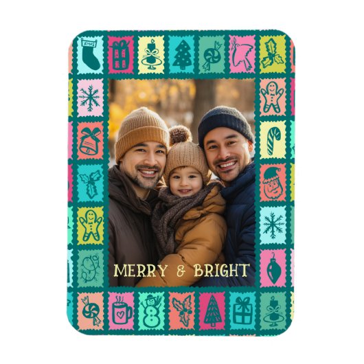 Whimsical Kerst Grid Schattig Aangepaste Foto Magneet (Verticaal)