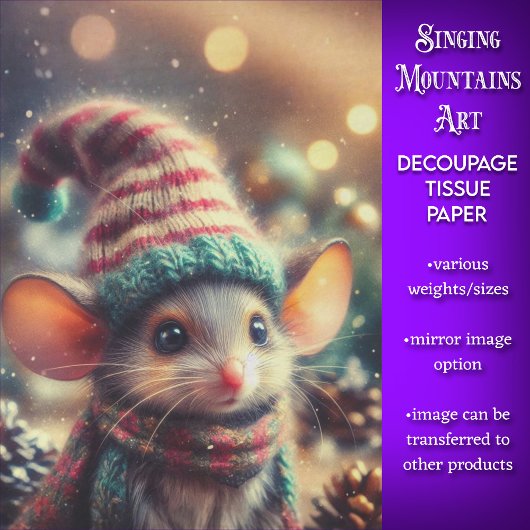 Whimsical Kerst Muis in Festieve Hoed Decoupage Tissuepapier